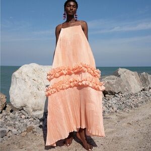 NWT Orire + Free People Dots Maxi Dress Coral Pink Pleated Wedding Black Tie